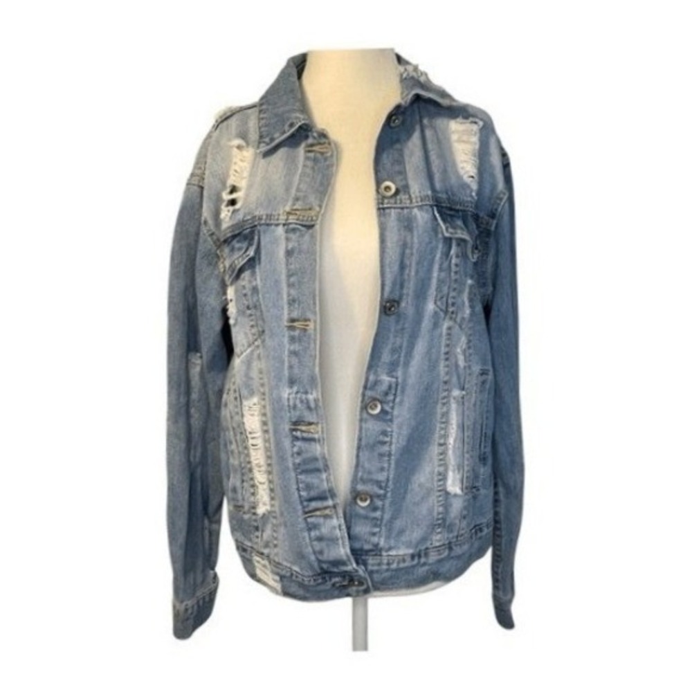 Cherry Koko Destroyed Denim Trucker Jean Jacket Distressed Blue Medium Wash M